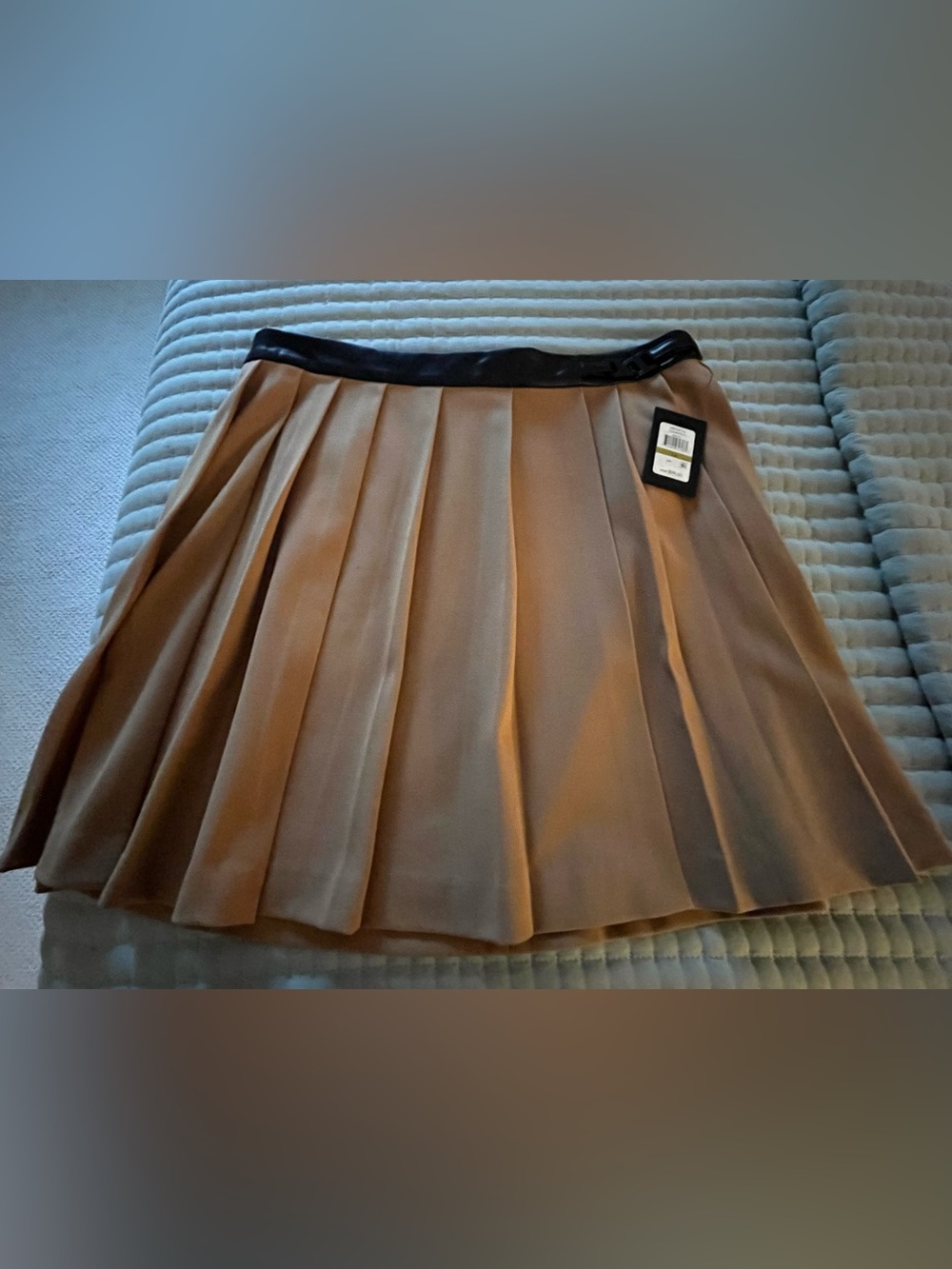 DKNY Pleated Tan/Brown Women's Skirt with Black Faux Leather Waistband
